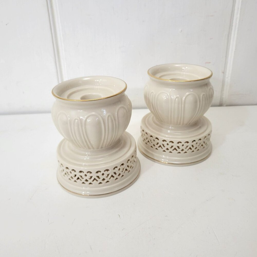 Vintage Lenox Ivory & Gold Ceramic Candle Holders - Set Of 2